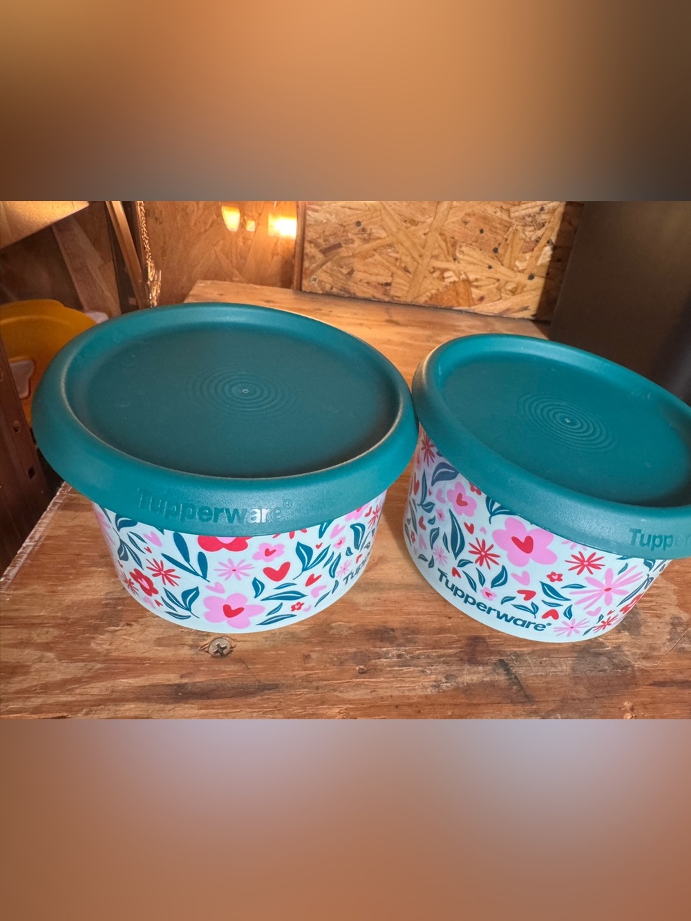 Tupperware Floral one touch canisters with Teal Lids set of 2 575ml each